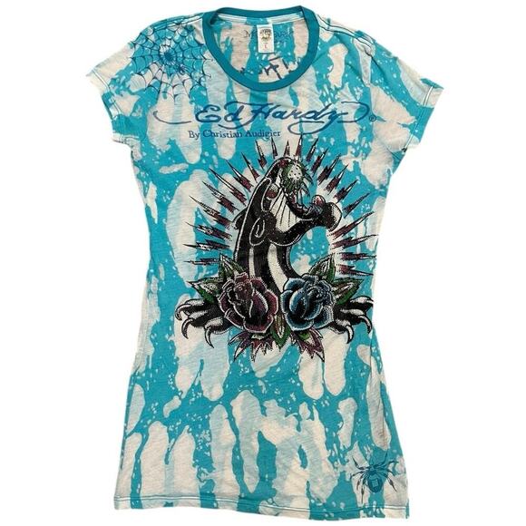 Ed Hardy Blue and White Short Sleeve Tee - Picture 1 of 5